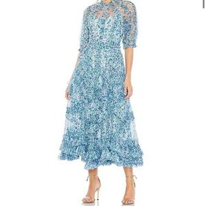 NWT Mac Duggal Floral Print Chiffon Short Puffed Sleeve High Neck Midi Dress 14
